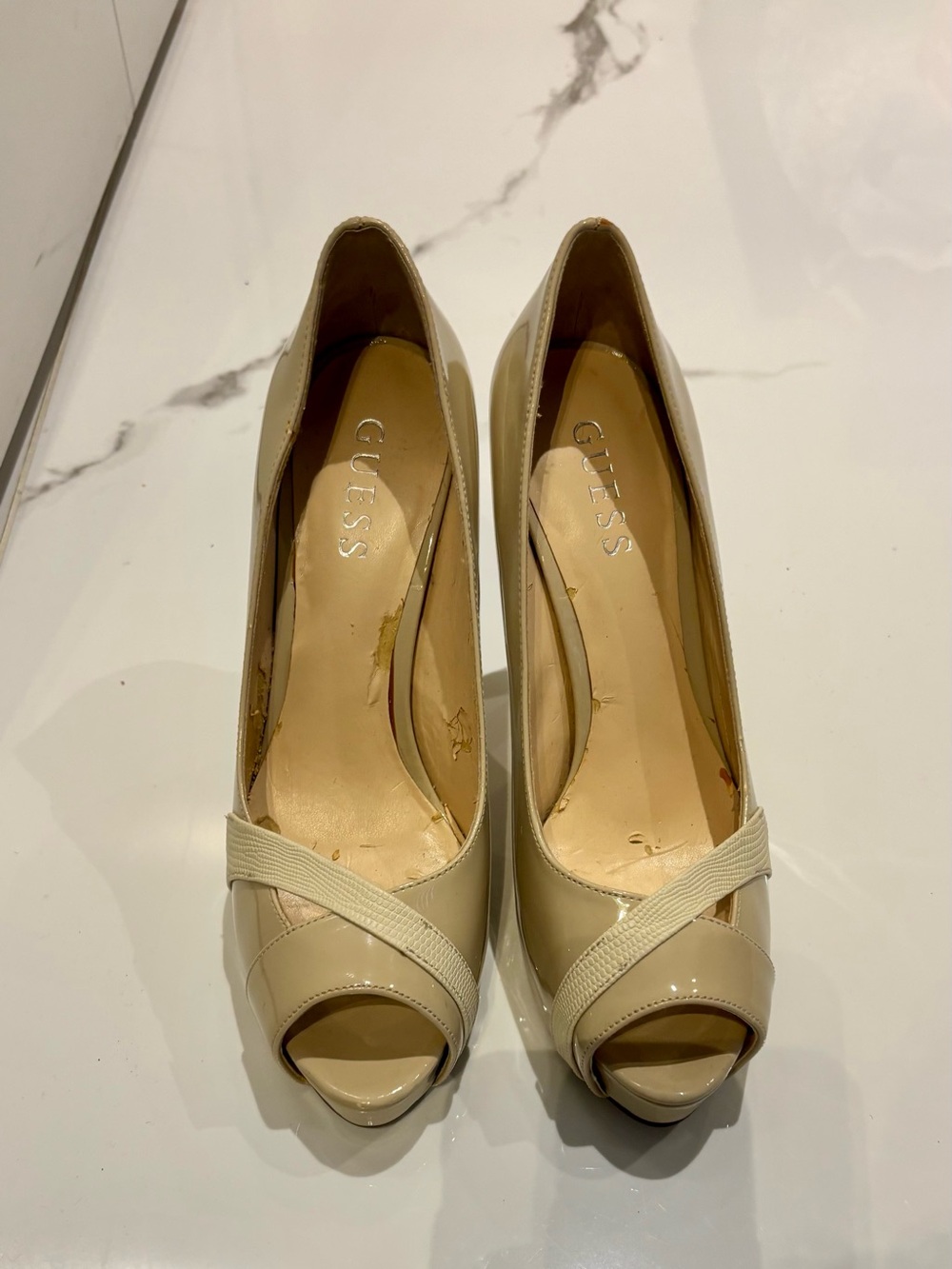 GUESS Cream Patent Peep-Toe Pumps with Cross-Band